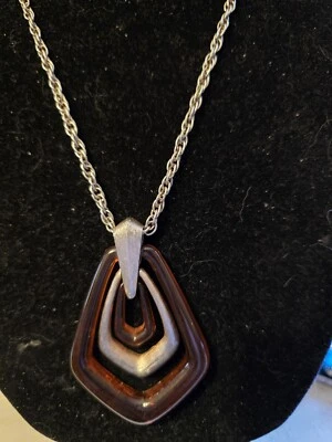 Vintage AVON Brushed Gold Tone Amber Lucite Faux Tortoise Shell Pendant Necklace - Image 1 of 4