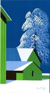 Vintage Eyvind Earle, Irene Dash Weihnachtskarte unbenutzt EE 66-55 Green Barn Snow - Bild 1 von 8