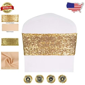Durable Light Gold Sequin Chair Bands - 50 Pack for Weddings & Parties (4"x16") - Picture 1 of 8