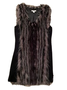Boston Proper Women's Faux Fur Vest Brown Beige Open Eyelet Closures Size S - Picture 1 of 9