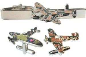 WW2 Spitfire Lancaster & Hurricane RAF Pilot Aircraft Cufflinks Tie Clip Set NEW - Picture 1 of 4