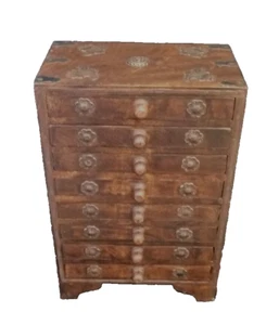 Hindu Hardwood Eight Drawer Antique Chest Made in India Solid Wood Brass Accents - Picture 1 of 18