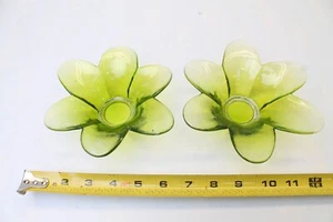 TWO - Green Glass Flower Dish Dishes Candle Holders PAIR - Picture 1 of 6