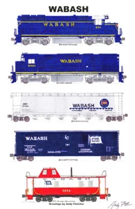 Poster Wabash treno merci epoca blu 11"x17" ferrovia firmato da Andy Fletcher - Foto 1 di 1