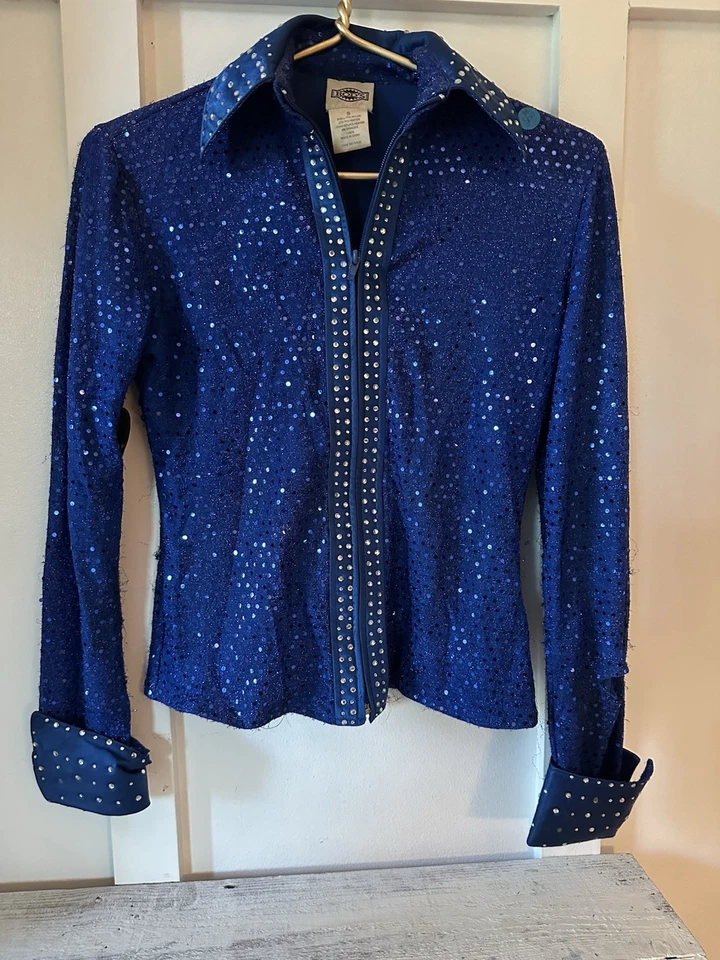 Camisa Rods Cremallera Lentejuelas Brillante Damas Western Horse Show Azul Talla Pequeña LEER Foto 1 de 4