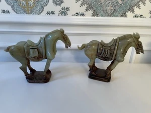 Set of 2 Vintage Chinese Carved Solid Jade Tang Saddled Horse Figurines - Picture 1 of 4