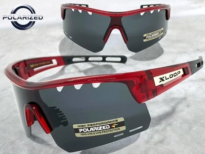 Sporty Biker Wrap Around Shield Fishing POLARIZED SUN GLASSES Large Red Frame - Image 1 of 4