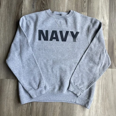 Sudadera DE COLECCIÓN EE. UU. Azul Marino Suave Cuello Redondo Talla Mediana Gris PT Calentamiento Militar Foto 1 de 4