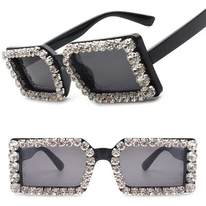 Gafas de sol glamorosas brillantes con diamantes de imitación adornadas rectangulares hip hop negras - Imagen 1 de 3