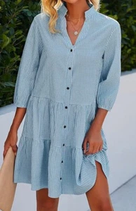 CCTOO Womens XXL Blue Checkered Shirt Dress Tiered 3/4 Sleeve V-Neck Flowy NWT - Picture 1 of 16