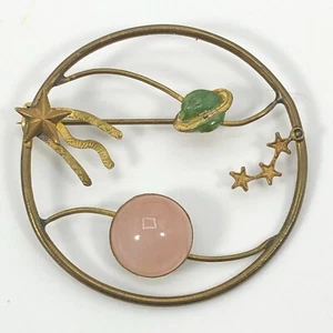 Vintage Celestial Brooch Pin Stars Moon Saturn Gold Tone - Picture 1 of 6