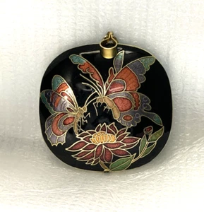 Vintage Cloisonné Anhänger nur mehrfarbig Emaille auf schwarzem Quadrat goldfarben - Bild 1 von 13