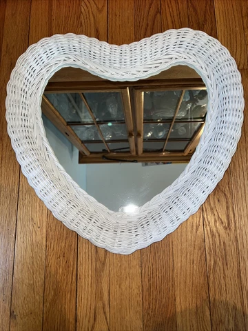 Vintage Mirror - White Wicker Heart Shaped County Chic 18” x17” Cute Cover