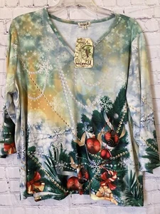 One World Womens 3X Christmas Tree Top Green Embellished V Neck Stretch NWT - Picture 1 of 12