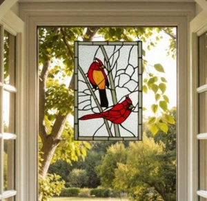 Red Cardinals Tiffany Style Stained Glass Window Panel Suncatcher 12x18in - Picture 1 of 8
