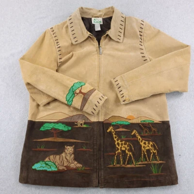 Chaqueta Quacker Factory Mujer L Cuero Marrón Escena Africana Bordada Animales Foto 1 de 4