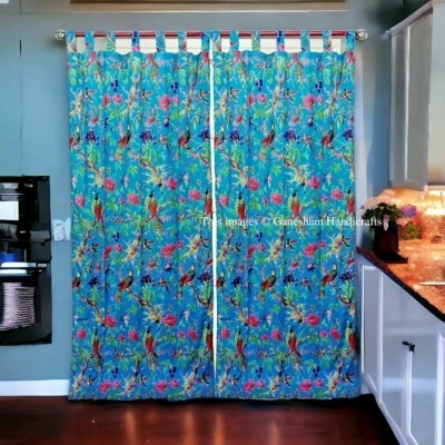 Cortinas boho vintage indias de algodón con estampado de pájaros decoración de ventanas cortina azul Foto 1 de 4