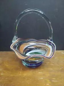 Cesta de vidrio multicolor estilo Murano vintage soplada a mano con mango 8" - Imagen 1 de 11