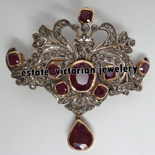 Stunning 5.73ctw Rose Cut Diamond Ruby Studded Silver Victorian Brooch