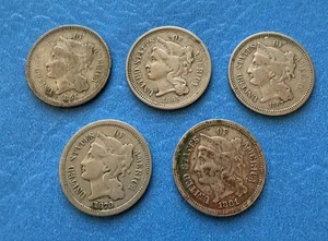 Three Cent Nickel lot of 5- 1865×2, 1867, 1870, 1881 VG Range original - Picture 1 of 2