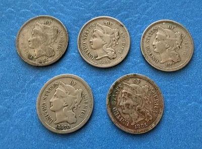 Three Cent Nickel lot of 5- 1865×2, 1867, 1870, 1881 VG Range original - Image 1 of 2