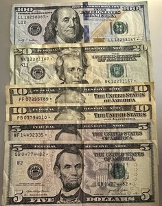 LOT 20 “STAR NOTE” BILLS $164 FACE VALUE  $100 $20 $10 $5 $1 CIRCULATED 2009-21 - Picture 1 of 3