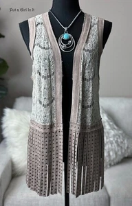 New VOCAL APPAREL Womens STUDDED TAUPE LACE WESTERN SUEDE FRINGE VEST SHIRT S - Picture 1 of 5