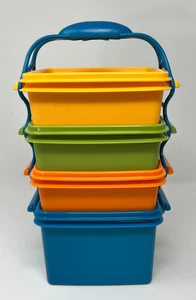 NUEVO Juego de lonchera apilable Tupperware Servalier colores vintage 4 piezas con mango - Imagen 1 de 7
