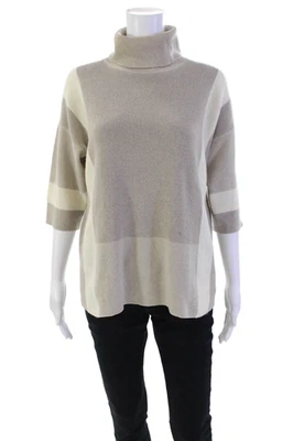 Lafayette 148 New York Womens 3/4 Sleeve Turtleneck Sweater Brown White Small - Image 1 of 4