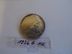 Münze 3.Reich 5  Reichsmark 1936 G  Paul von Hindenburg mit HK gute Erhaltung - Bild 1 von 17
