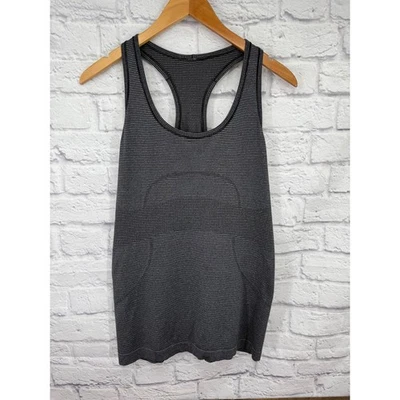 Camiseta sin mangas deportiva Lululemon Swiftly Tech negra y gris a rayas espalda deportiva talla 12 Foto 1 de 4