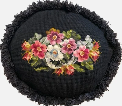 Vtg Oval Needlepoint Floral Bouquet Accent Pillow Cottage Core Handmade 19"x14" - Image 1 of 4