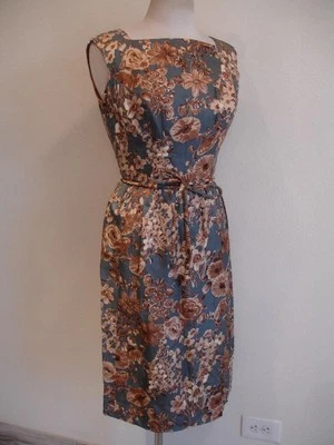 Women's S M Vtg 1960's Edward Abbott 100% Silk Cocktail Dress Sleeveless Belted - Image 1 of 4