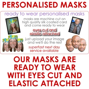 16 mascarillas personalizadas para tarjetas de fiesta. Elástico adjunto, corte de ojos, listo para usar - Imagen 1 de 11