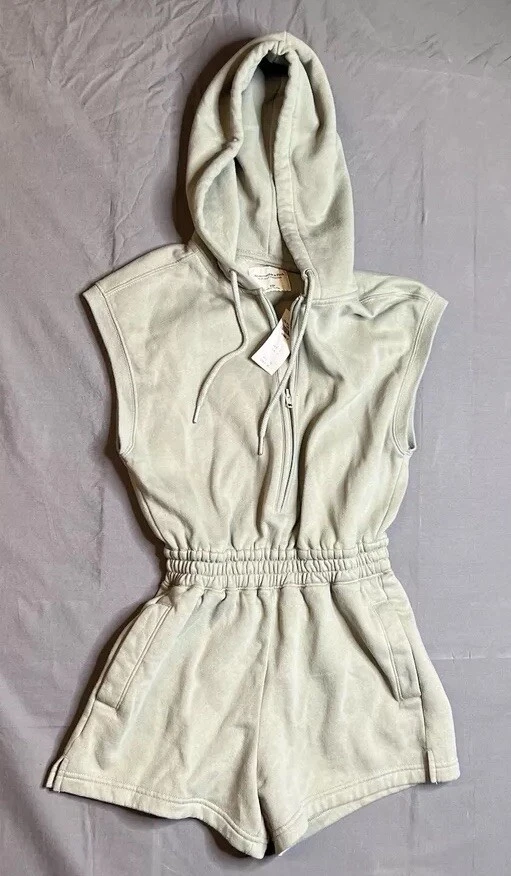 Abercrombie & Fitch Women’s Hooded Fleece Romper Light Green Sage Soft XSP - Image 1 of 4