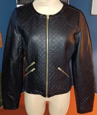 Black Quilted Faux Leather Motorcycle Jacket Womens Large Maurices Zippers EUC - Image 1 of 4