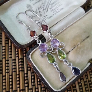 925 Sterling Silver Earrings, Multi Gemstones Dangle, Garnet, Amethyst, Iolite - Picture 1 of 7