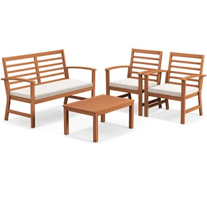4 Pieces Outdoor Furniture Set w/ Soft Seat Cushions Stable Acacia Wood Frame - Picture 1 of 9