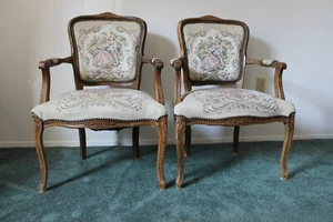 Pair of Vintage French Provincial Floral Tapestry Chairs - Picture 1 of 12