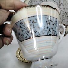 Vintage Napcoware Japan Hand Painted Tea Cup Saucer rainbow Iridescent blue band