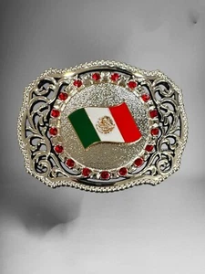 Mexican Flag Western Cowboy Belt Buckle Hebilla Vaquera Rodeo Bandera De Mexico - Picture 1 of 2