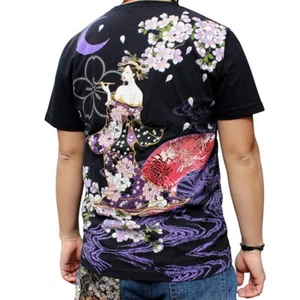 Mens Summer T-Shirt Japanese Pattern Embroidery Ukiyo-e Beauty Fan Sakura Moon - Bild 1 von 17