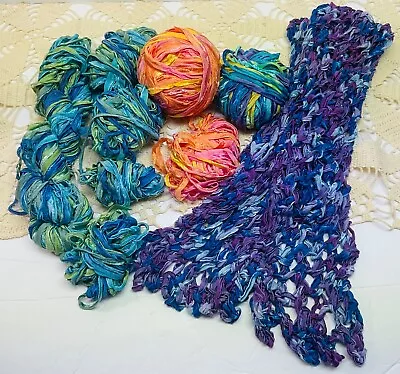 Mango Moon Silk Ribbon Yarn Lot ofAssorted Colors &Knit Scarf Vintage Space Dyed - Image 1 of 4
