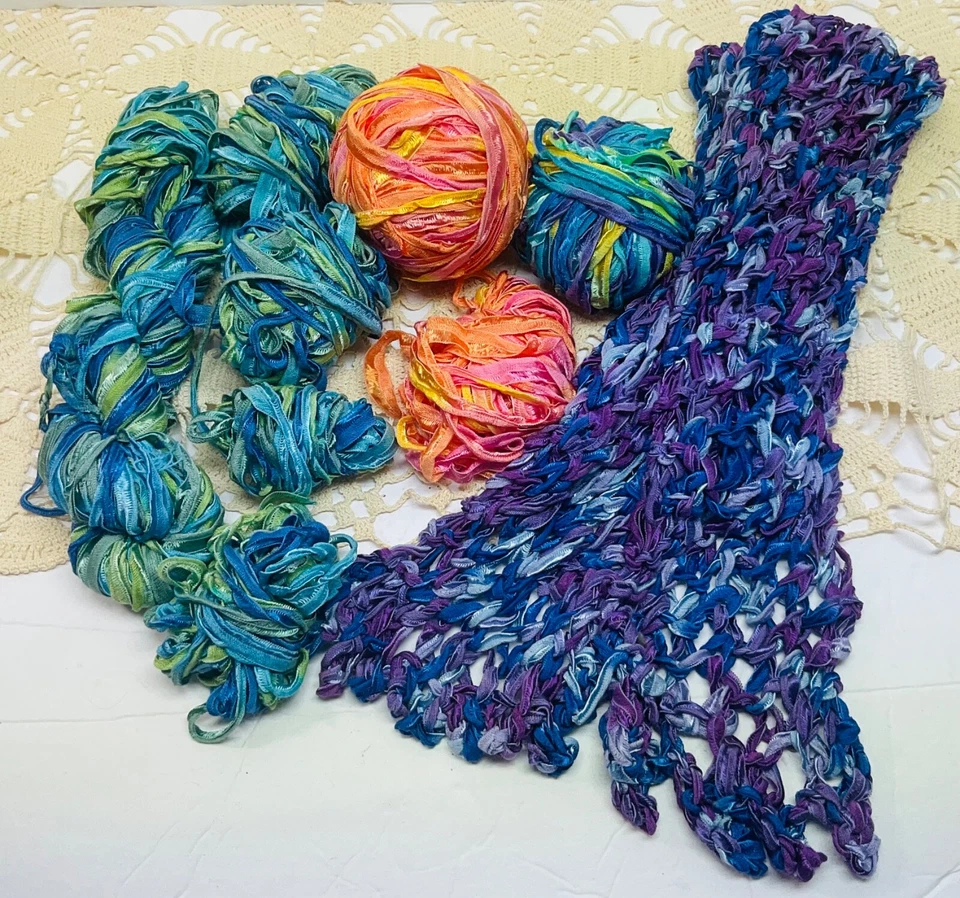 Mango Moon Silk Ribbon Yarn Lot ofAssorted Colors &Knit Scarf Vintage Space Dyed - Image 1 of 4