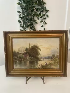 Antica litografia paesaggio vittoriano 1880 cornice dorata scuola inglese fiume - Foto 1 di 7