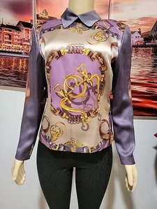 Mademoiselle Baroque Vintage Sz S Satin Purple Multicolor Women's Top Blouse #C - Picture 1 of 13