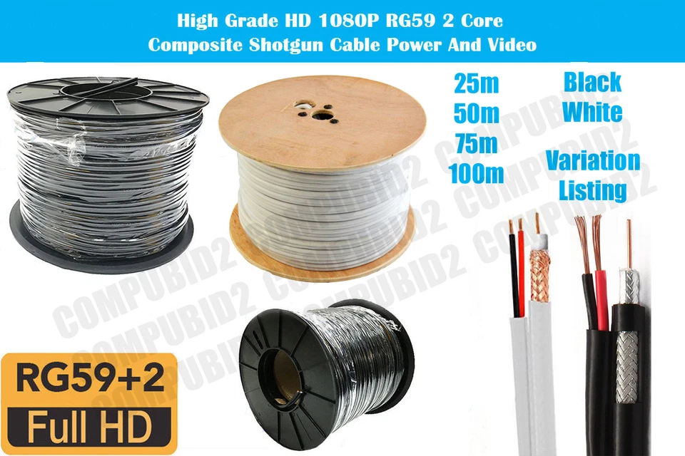 DATAPRO RG59 +2 Shotgun 2 Core CCTV Cavo Alimentazione Video Bobina Nero Bianco DVR Video Coassiale UK