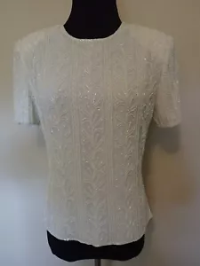 NWTOS 80s VTG Laurence Kazar Ivory Beaded Blouse Short Sleeves Hidden Zipper M - Picture 1 of 5