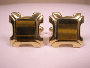 Genuine Tiger's Eye Quality Gold Tone Squares Vintage Cuff Links simple plain - Picture 1 of 7