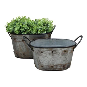 2pc French 44/39cm Oval Tub Planter w/ Handle Garden Display Flower Pot Set Grey - Picture 1 of 3